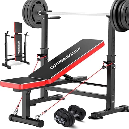OPPSDECOR 9 in 1 Adjustable Weight Bench Set with Squat Rack 900LBS Bench Press with Leg Extension & Leg Curl Multi-Function Full Body Workout Benches for Home Gym with Safety Bar Catches & V-Handle