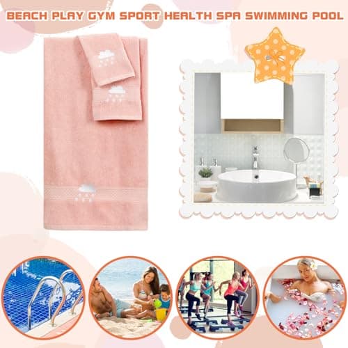 VitalCozy 6 Pcs Kids Girls Bath Towels Set 100% Cotton Cute Sun Cloud Bathroom Absorbent Soft Embroidered Decorative Baby Toddler Shower Towels for Kids Unisex Toddler Women(3 Sizes,Pink, Yellow) 6