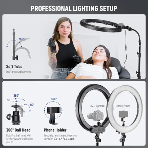 NEEWER Ring Light 18inch Kit: 55W 5600K Professional LED with Stand and Phone Holder, Soft Tube & Bag for Tattoo Lash Extension Barber Makeup Artist Studio Video Photography Lighting, RL-18 7