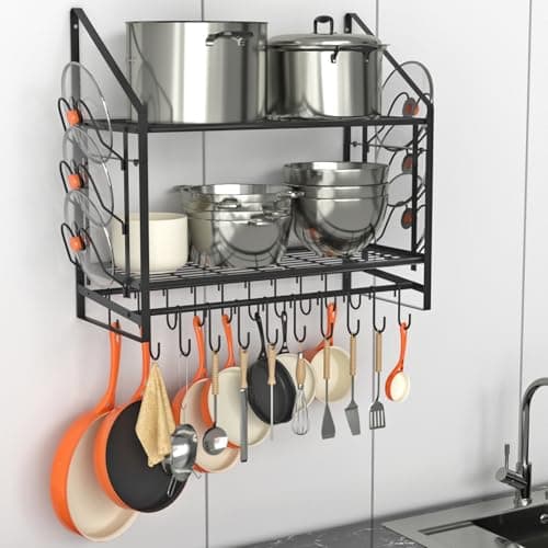 VyGrow 28 Inch Pot Rack Wall Mounted, 2 Tier Pots and Pans Organizer with 20 Hooks and 6 Pot Lid Holders, Heavy Duty Steel Pot and Pan Hanger for Kitchen Cookware Utensils Storage 34.7" Lx13 Wx26.4 H