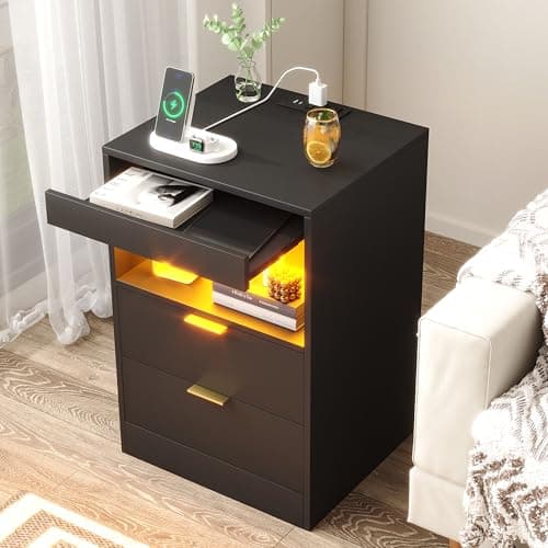 Yusong Night Stand, Bedside Table, LED Nightstand with Charging Station, Modern Night Stand, Wood Sofa Couch End Side Table with 2 Pull-Out Shelf (Black) 7
