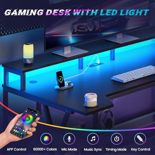SEDETA Gaming Desk 70.8'' with LED Lights and Storage Shelves, Computer Desk with Monitor Stand, Power Outlets and Cup Holder, Large PC Gamer Desk, Gaming Table for Bedroom, Living Room, Black 6