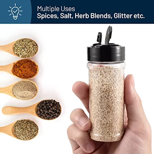 RoyalHouse 6 Pack 5.5 Oz Plastic Spice Jars with Black Cap, Clear and Safe Plastic Bottle Containers with Shaker Lids for Storing Spice, Herbs and Seasoning Powders, BPA Free, Made in USA 4