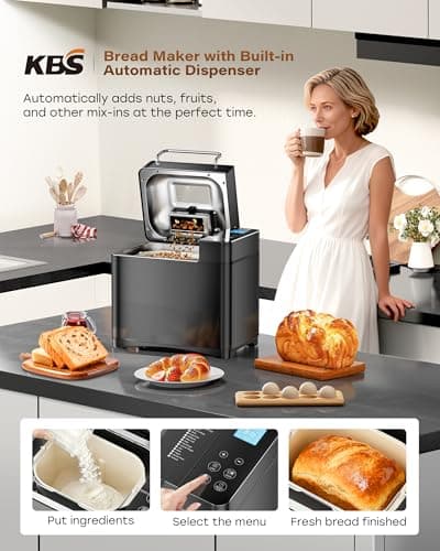 KBS Premium 2LB Convection Bread Maker Dual Heaters, 710W Stainless Steel 17-in-1 Bread Machine Healthy Ceramic Pan, Nut Dispenser,Touch Panel, 3 Loaf Sizes 3 Crust Colors, 15H Timer,Low Noise,Recipes 5