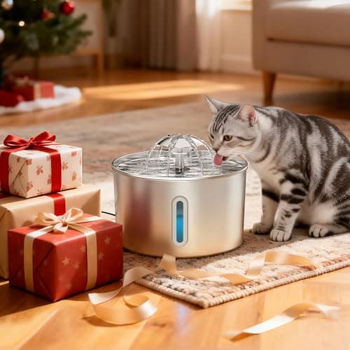 Cat Water Fountain Stainless Steel - 74oz/2.2L Pet Gift Dog Water Dispenser Automatic Silent Cats Dispenser for Drinking Indoor Metal Kitty Spout Fountains with 3 Filters & 3 Sponges Cat Dogs Gifts 5