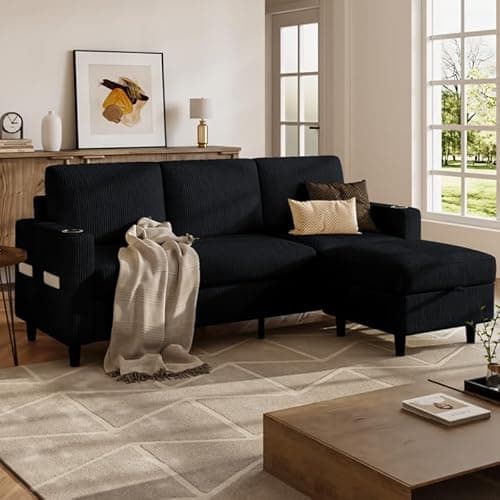 POYISOU Convertible Sectional Couches for Living Room, Modern Corduroy Couch Small Sofas for Small Space Apartment Office, 3 Seats L Shaped Sofa with Storage Ottoman and 2 Cup Holders, Black 6