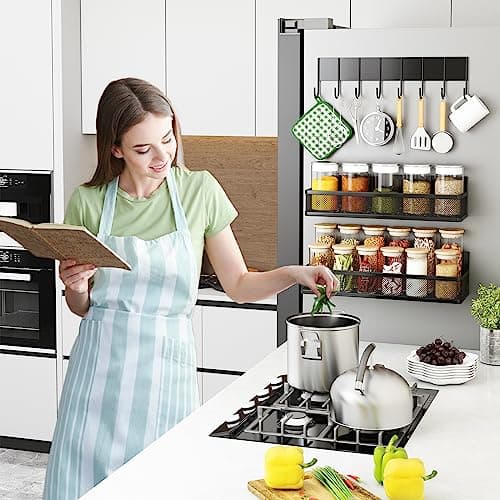 Aufworld Magnetic Spice Rack for Refrigerator, 3 Pack Magnetic Shelf, Moveable Fridge Organizer with 8-Hook Rack, Seasoning Organizer for Kitchen 7