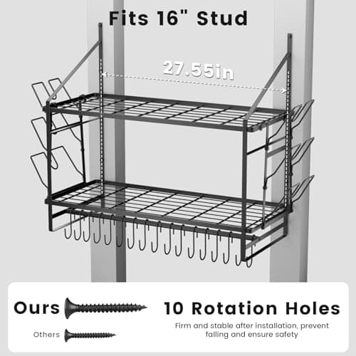 HOYRR Hanging Pot Rack Wall Mounted,30 Inch Wall Hanging Pot Rack,Pot Hangers for Kitchen Wall Mount,Pot And Pan Hanger Side Piece with 2 Pieces Pans Lids Organizer,Wall Pot Rack Hanging Rod+16 Hooks 6