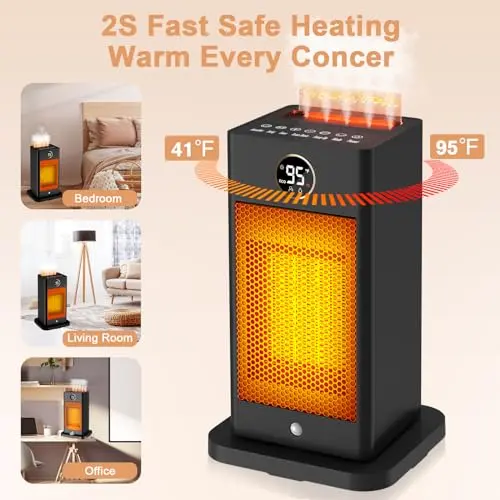 Space Heaters for Indoor Use,1500W PTC 2s Fast Heating Space Heater Large Room with Sensor Humidifier 3D Flame Effect Oscillating,Heater for Bedroom,Office Heat Up 260 sq.ft 9
