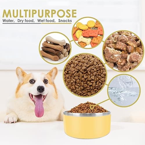 IKITCHEN Dog Bowl for Food and Water, 64 Oz Stainless Steel Pet Feeding Bowl, Durable Non-Skid Insulated Heavy Duty with Rubber Bottom for Medium Large Dogs (64 Ounces/8 Cup, Deep Yellow) 8