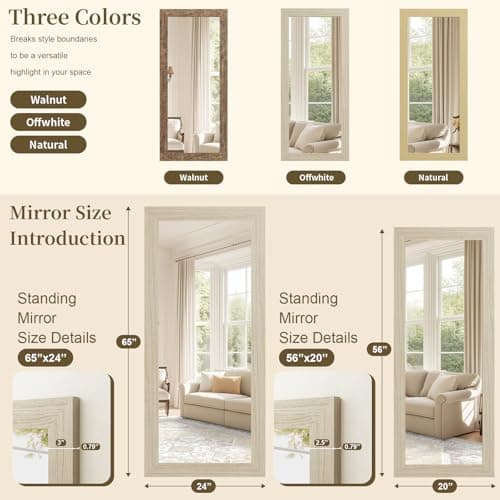 Syndra Modern Full Length Mirror Wood Frame, 56x20'' Large Floor Mirror with HD Tempered Glass & Wall Mount Option, Rectangular Standing Mirror for Bedroom, Living Room, Entryway, Farmhouse(Off-White) 5
