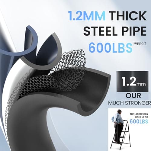 600lbs 3 Step Ladder,Folding Step Stool with Wide Anti-Slip Pedal, Heavy Duty Sturdy Steel Ladder with Handgrip,Portable Steel Step Stool for Home Kitchen Library Office (Matte Black) 6