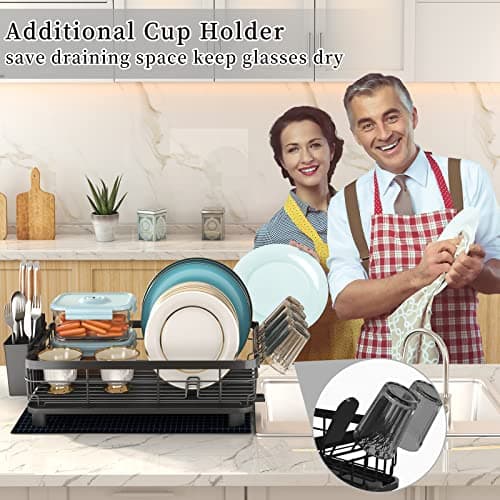 Godboat Dish Drying Rack, Dish Rack with Auto-Drain & Mat, Dish Drainers for Kitchen Counter, Glass Organizer for 4 Cups, 3 Slots Utensil Holder, Gifts for Women Mothers Day, Kitchen Gadgets & Decor 6