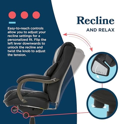 La-Z-Boy Harnett Big and Tall Executive Office Chair, Ergonomic High-Back Chair with Solid Wood Arms, ComfortCore with Memory Foam Cushions, Bonded Leather, Black 8