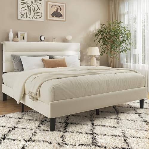 Fluest Queen Bed Frame, Platform Bed Frame with Velvet Upholstered Headboard, No Box Spring Needed, Sturdy Metal Support, Noise Free, Easy Assembly, Modern Bedroom Furniture, Beige 7