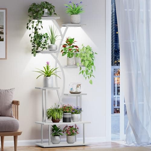 Kalrin Plant Stand Indoor with Grow Lights - 8-Tier Indoor Plant Shelf, 68.11" Tall Lighted Corner Plant Stand, S-shaped Large Flower Holder for Living Room, Balcony & Patio (White)