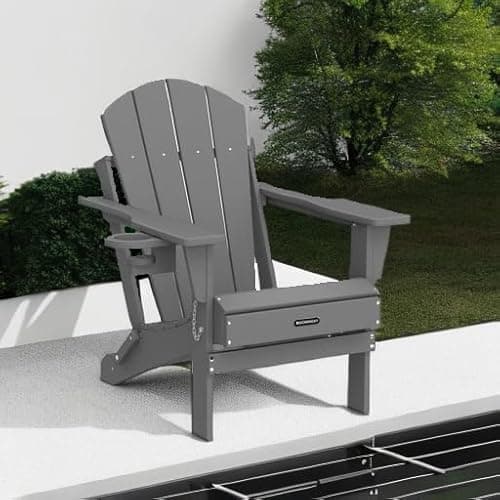 MUCHENGHY Folding Adirondack Chairs, Patio Chairs, Lawn Chairs, Outdoor Chair, Adirondack Chair Plastic, Fire Pit, Weather Resistant with Cup Holder for Deck, Backyard, Garden(Gray) 6