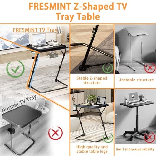 FRESMINT TV Tray Table with Cup Holder Adjustable Folding, TV Dinner Tray for Living Room,Small Space,Office.Portable TV Tray with 4 Height and 3 Angle Adjustments, Black 8