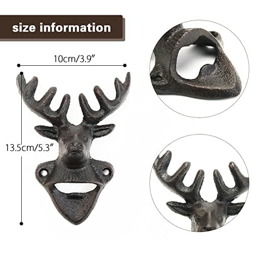 Sungmor Wall Mounted Bottle Opener, Cast Iron Cool Deer Head Bottle Opener, Beer Coke Beverage Bottle Cap Opener, Vintage Rustic Style Wall Hanging Opener, Bar Farmhouse Wall Ornament, Practical Gift 5