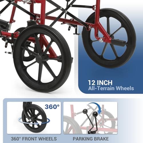 monicare Folding Transport Wheelchair for Adults, Heavy-Duty Wheel Chair with Padded Armrest and Swing-Away Footrest, 18 Inch Wide Seat Transport Chair for Seniors, 300Lbs Capacity, Red 7