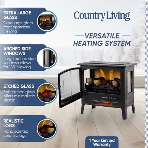 Country Living Infrared Freestanding Electric Fireplace Stove Heater in Bronze | Provides Supplemental Zone Heat with Remote, Multiple Flame Colors, Metal Design with Faux Wooden Logs 5