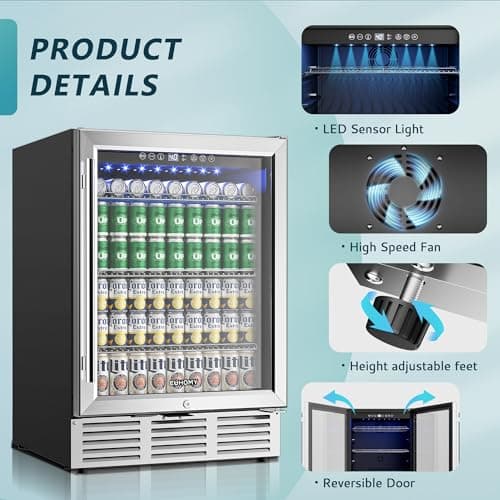 EUHOMY 24 Inch Beverage Refrigerator, 180 Can Built-in Beverage Cooler, Under Counter Beer Fridge with Glass Door for Soda, Water, Wine - For Kitchen, Bar or Office 5