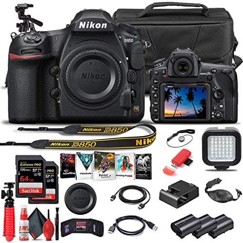 Nikon D850 DSLR Camera (Body Only) (1585) + 64GB Memory Card + Case + Corel Software + 2 x EN-EL 15 Battery + LED Light + HDMI Cable + Cleaning Set + Flex Tripod + More (International Model)