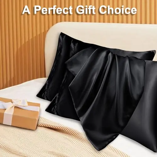phyrec Satin Silk Pillowcase for Skin and Hair, 2 Pack - Envelope Closure - Bedding Queen Pillow Cases(20" x 30"), Soft Breathable Smooth Cooling Silk Pillow Covers for Sleeping, Black 7