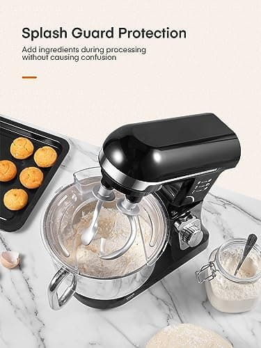 Stand Mixer Fohere, with Double Dough Hook, Wire Whip & Beater, 6+ P Speed Tilt-Head Food Mixer, Pouring Shield for Home Cooking, Dishwasher Safe Stainless Steel Bowl with Handle (Black) 9