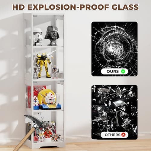 BROTTAR Glass Display Cabinet, 4-Tier Curio Cabinets with 3 Color Lights for Collectibles, Storage Cabinet with Door, Glass Display Case & Bookcase with Human Body Sensor, White 7