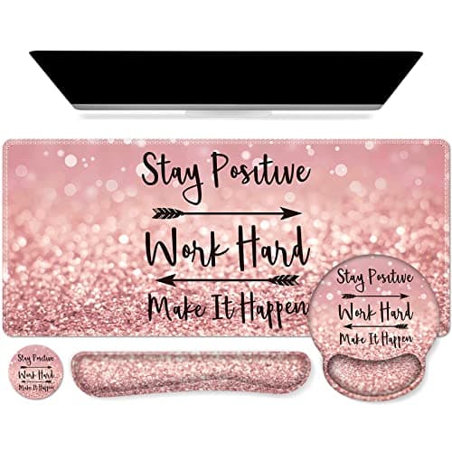 iCasso Mouse Pad,Large Pink Desk Mat Set, 4in1 XXL Mousepad + Keyboard Wrist Rest+Mouse Wrist Rest+Coaster with Ergonomic Desk Pad for Home Office Table Computer Cover -Pink Stay Positive