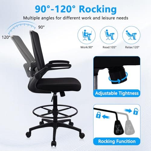 Drafting Chair Tall Office Chair, High Chairs with Flip-up Armrests Executive Ergonomic Computer Standing Mesh Desk Chair with Adjustable Footrest Ring and Lumbar Support Black 5