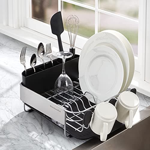 KitchenAid Compact, Space Saving Rust Resistant Dish Rack with Removable Flatware Caddy and Angled Self Draining Drainboard, 16.06-Inch, Black 5
