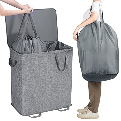 Lifewit Double Laundry Hamper with Lid and Removable Laundry Bags, Large Collapsible 2 Dividers Dirty Clothes Basket with Handles for Bedroom, Laundry Room, Closet, Bathroom, College, 136L Gray 4