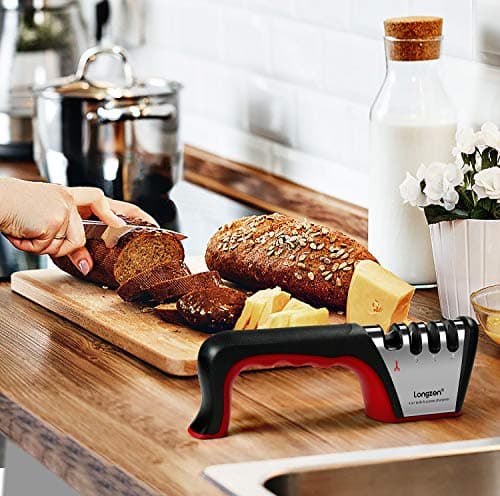 Longzon 4-in-1 Knife Sharpener [4 Stage] with a Pair of Cut-Resistant Glove, Original Premium Polish Blades, Best Kitchen Knife Sharpener Really Works for Fruit and Steel Knives, Scissors-Black+Red 9