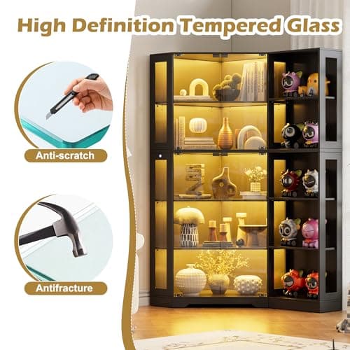 PAKASEPT Corner Display Curio Cabinet with Glass Doors, Glass Display Case with LED Lights for Collectibles,Display Storage Shelves for Living Room,Black 5