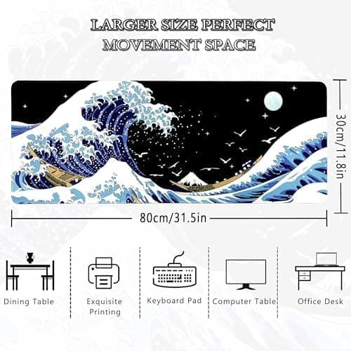 MEWOOCUE® Gaming Mouse Pad for Desk,Large Wave Mousepad Laptop,Black Japanese Anime Mouse Mat,Long XXL Waterproof Keyboard Pads,Big Non-Slip Mousepads for Game Office Home（31.5 x 11.9 in） 6