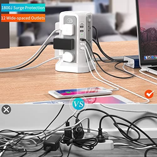 Surge Protector Power Strip Tower with PD18W USB C Port,10FT Extension Cord with 12 AC Mutiple Outlets 5 USB Charging Ports, PASSUS Power Tower Surge Protection for Home Office Dorm Room 6