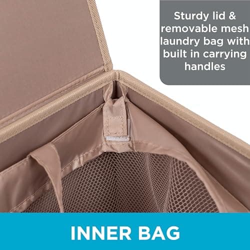 BIRDROCK HOME Single Laundry Hamper with Lid and Removable Liner | Linen | Easily Transport Laundry | Foldable Hamper | Cut Out Handles 6