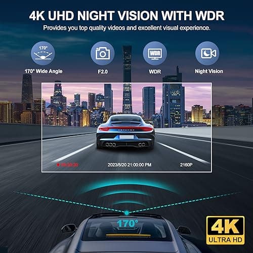 4K 3 Channel Dash Cam with 64GB Card, 4K+1080P+1440P Dash Cam Front and Rear Inside, Dash Camera for Cars with, Loop Recording, Motion Detection, 24H Parking Mode, Super Night Vision 5