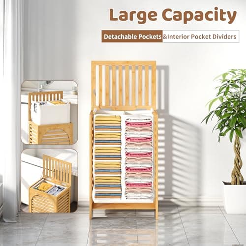 FILWH Laundry Hamper with Lid (16.9 * 13 * 26.5inches) Large Bamboo Laundry Bin Basket 85L Clothes Hamper with 1 Removable Bag Storage baskets for Bathroom(Natural) 5