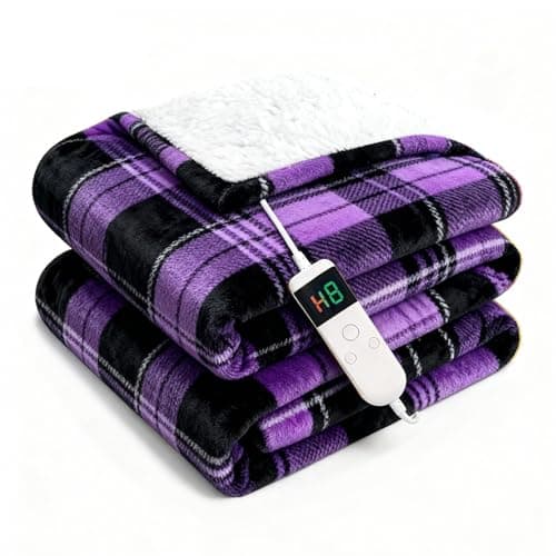 Electric Blanket Heated Throw, Soft Flannel 50"x60" Plaid Heating Blanket with 8 Hours Auto Off 10 Fast Heating Levels Machine Washable Sherpa Heated Blanket with Overheating Protection