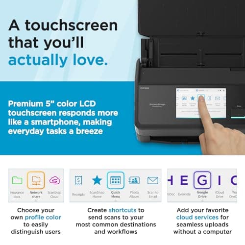 ScanSnap iX2500 Wireless or USB High-Speed Cloud Enabled Document, Photo & Receipt Scanner with Large 5" Touchscreen and 100 Page Auto Document Feeder for Mac or PC, Black 5