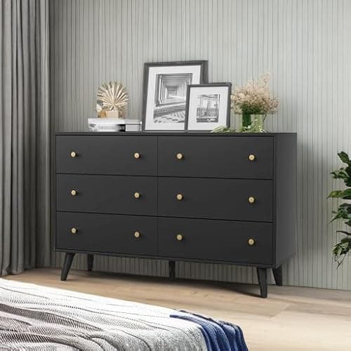 SINROM® Black Dresser for Bedroom, Black and Gold Dresser with Gold Handles, Wide Wood 6 Drawers Dressers for Bedroom 5