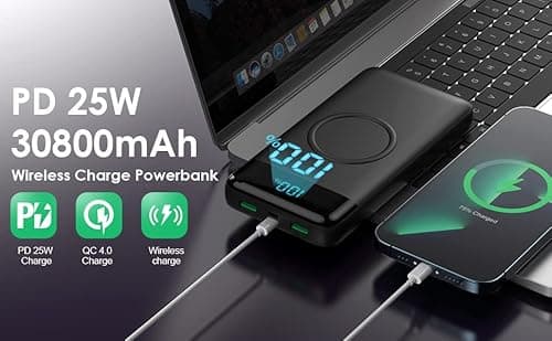 Wireless Portable Charger 30,800mAh ,15W Wireless Charging 25W PD QC4.0 Fast Charging USB-C Power Bank,4 Outputs Travel Essentials External Battery Pack for iPhone 17/16/15/14,Galaxy S25,Android etc 6