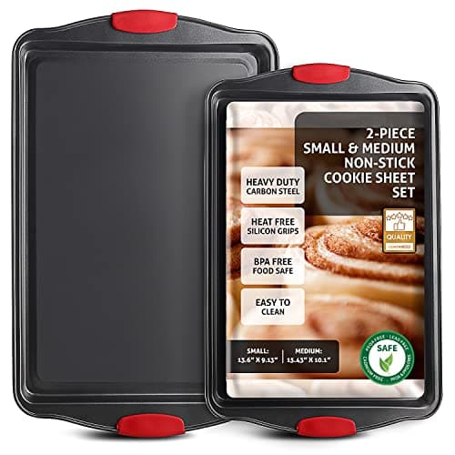 JOYTABLE Baking Sheet, 2PC Cookie Sheet Set with Silicone Handles, Nonstick Steel Baking Pan, Baking Sheets for Oven, BPA Free Baking Pans Set, Cookie Sheets– Black Bakeware, Small & Medium