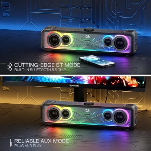 Redragon GS817 RGB Desktop Soundbar, 2.0 Channel Stereo Speakers for Desktop w/Massive 30W Max Power, Touch-Control, Bluetooth 5.3 & 3.5mm AUX Inputs, Black 6