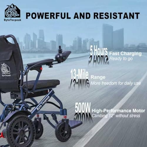ByteTecpeak Lightweight Electric Wheelchair for Adults - Foldable Electric Wheelchairs for Seniors, 500W Motors Motorized Wheelchairs Support 330 lbs, All Terrain Travel Powered Wheel Chairs, Blue 6
