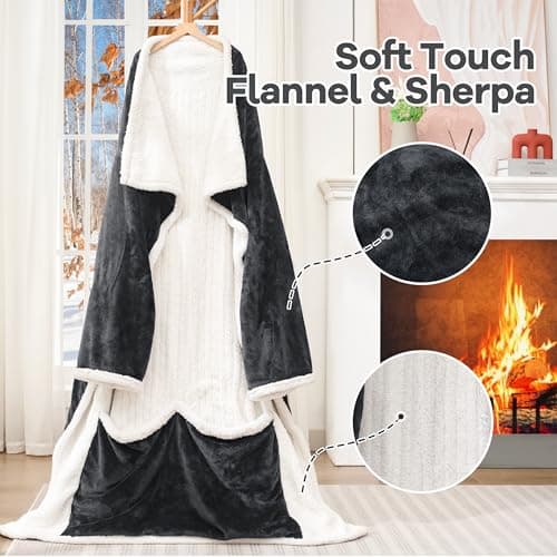 Heated Blanket Wearable Electric Blanket with Foot Pocket and Sleeves, Heating Throw Blanket, Electric Snuggle Blankets, 6 Heating Levels Setting & 4 Hours Auto Shut Off, Machine Washable (Long, Grey) 6