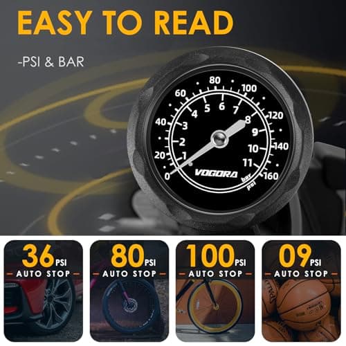 VOGORA Bike Pumps for Bicycle Tyres with Pressure Gauge, Portable with Presta & Schrader Valves, Bike Air Pump, Foot Pump for Tires, Inflatables & Balls 6